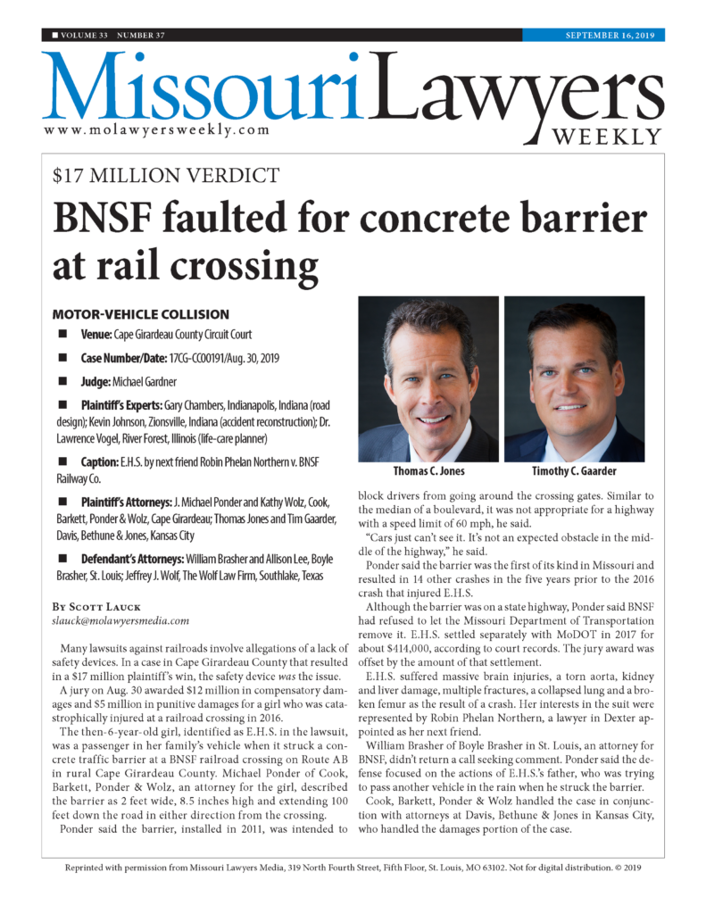 A newspaper article titled "Missouri Lawyers Weekly," featuring a headline about a $17 million verdict against BNSF for a concrete barrier at a rail crossing. It includes details about a motor vehicle collision and images of two individuals.
