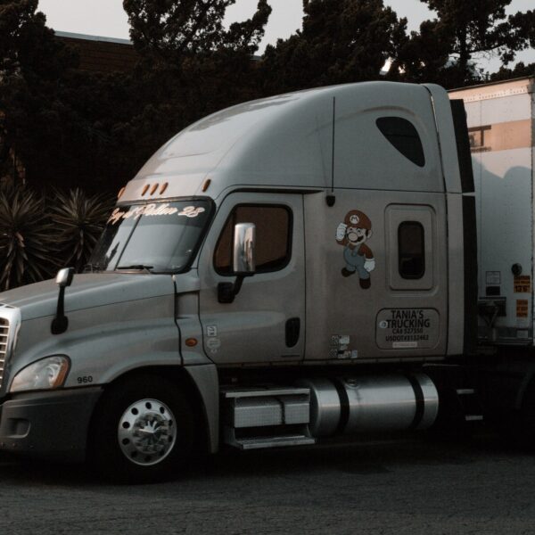 A silver semi-truck parked on the street with trees in the background.