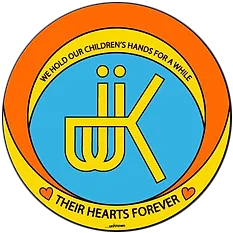 A circular logo featuring a blue background with a yellow symbol in the center, surrounded by an orange and yellow border. The text reads, "WE HOLD OUR CHILDREN'S HANDS FOR A WHILE" and "THEIR HEARTS FOREVER," with heart illustrations.